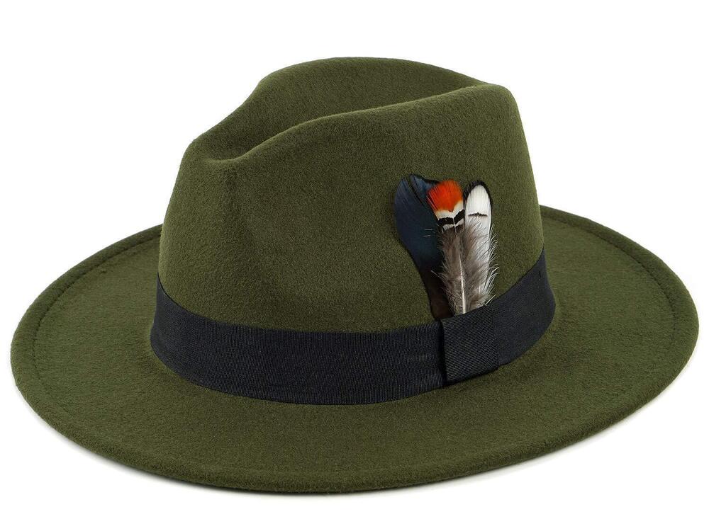3548 Classic Fedora Hat & Wide Brim Felt Hat Panama Dress Hat Olive Green